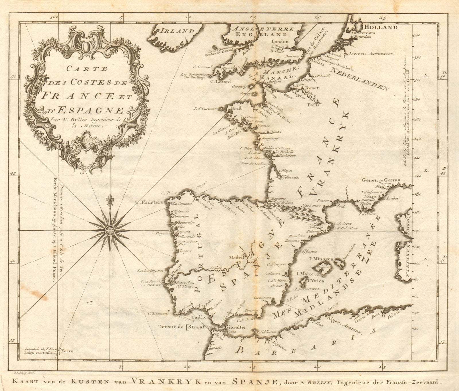 Carte des Côtes de France & d’Espagne. France Spain coast BELLIN/SCHLEY 1747 map